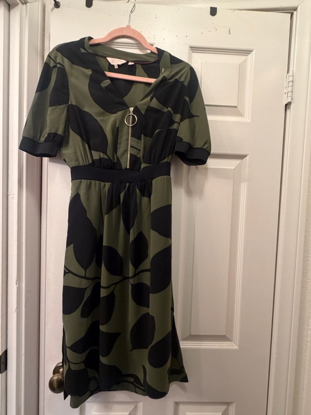 Ted Baker Olive and Black Leaf-Print Midi Dress with Ring Zip Accent